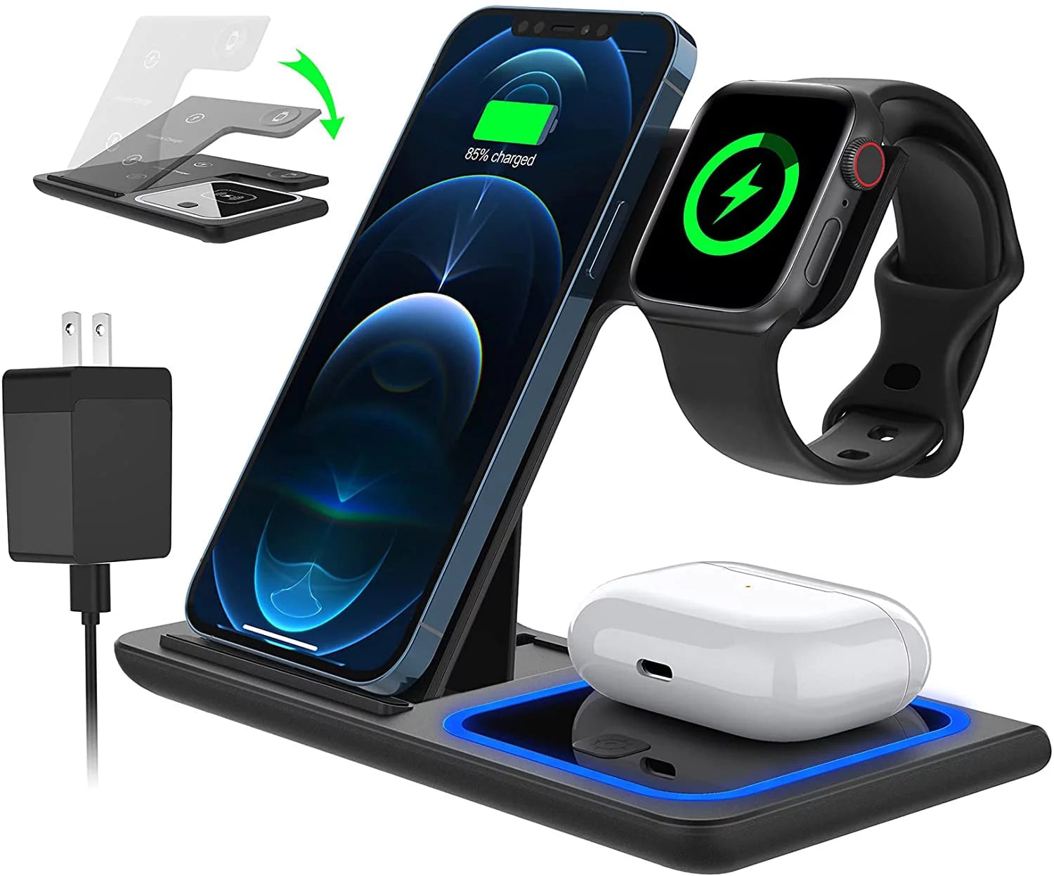 Wireless Charger, 18W Fast Iphone Charging Station for Iphone 16/15/14/13/12 /11/Pro Max/Plus, 3 in 1 Wireless Charging Stand for Iwatch Series SE 10/9/8/7/6/5/4/3, Airpods Pro/3/2 (W/ QC3.0 Adapter)